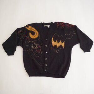 Vintage Jasmine Black Bat Moon Halloween Button Front Knit Cardigan Sweater L